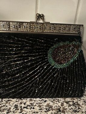 Beaded Black Evening Clutch with Peacock Accent